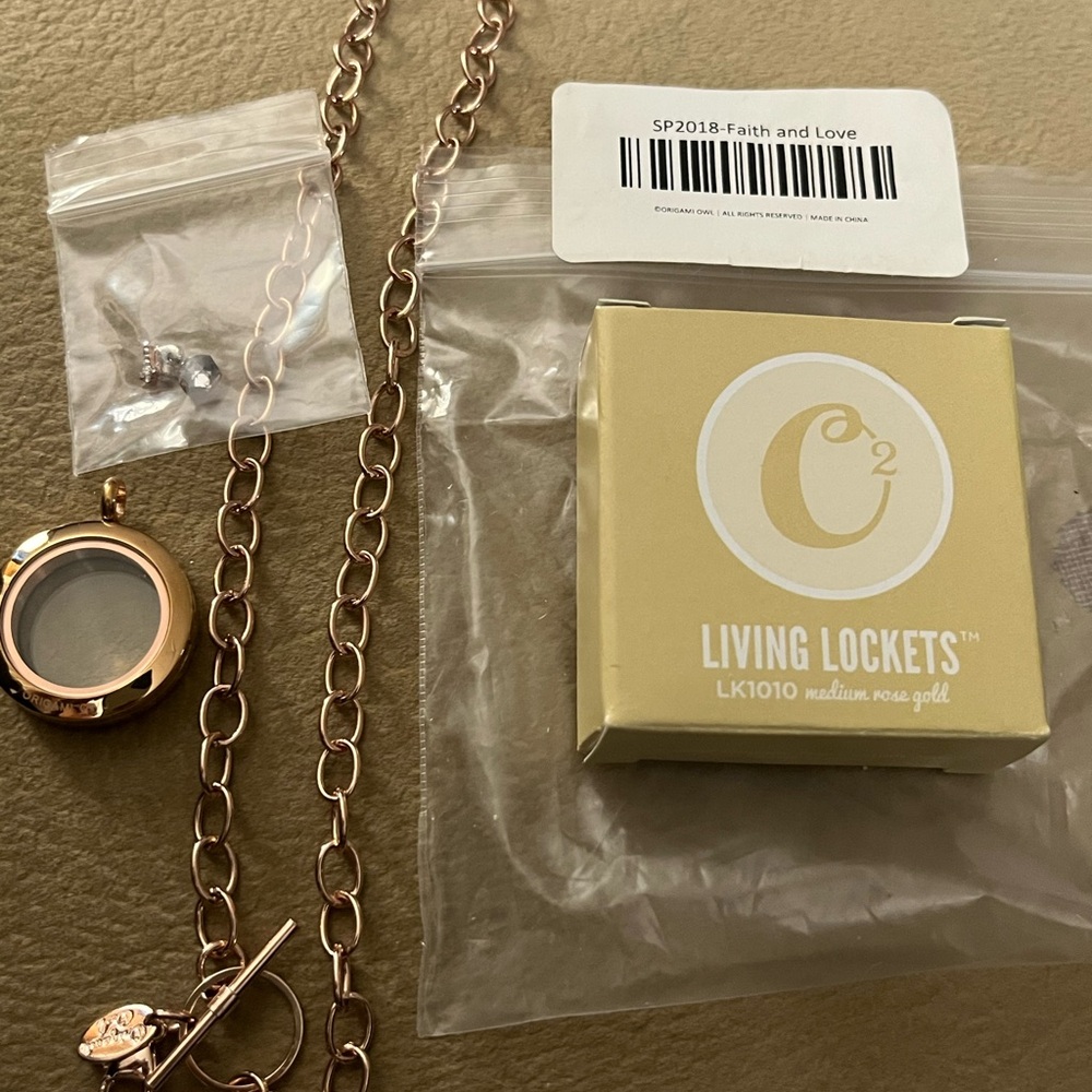 Origami Owl Rose Gold Living Locket Necklace with Chain and Charms